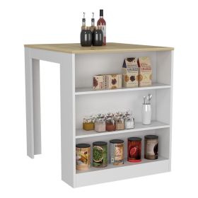 Milos Kitchen Island Table, Two Legs, Three Side Shelves (Color: White / Pine)