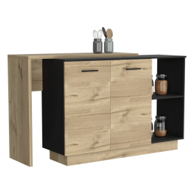 Creta Kitchen Island, Double Door Cabinets, Two External Shelves, Three Shelves (Color: Light Oak / Black)