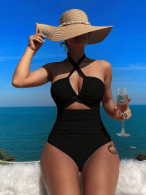 Ladies' cross pleated sexy hanging neck and exposed waist one-piece bikini swimsuit (Color: Black, size: L)